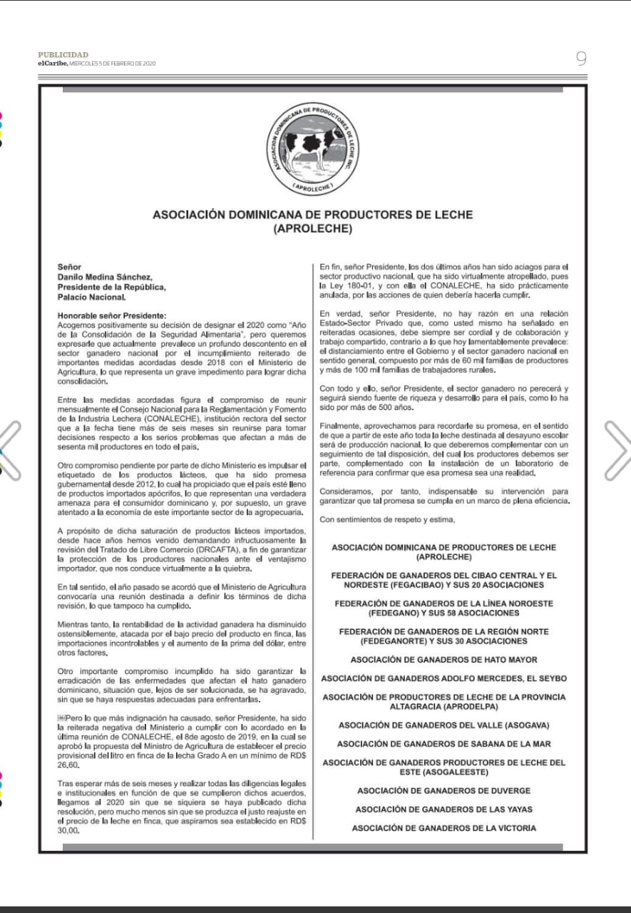 Aproleche env&iacute;a carta al Presidente de la Rep&uacute;blica 